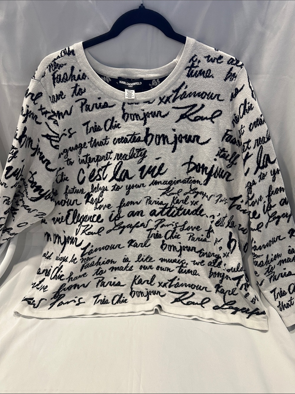 Karl Lagerfeld White Knit Top with Black Script Print